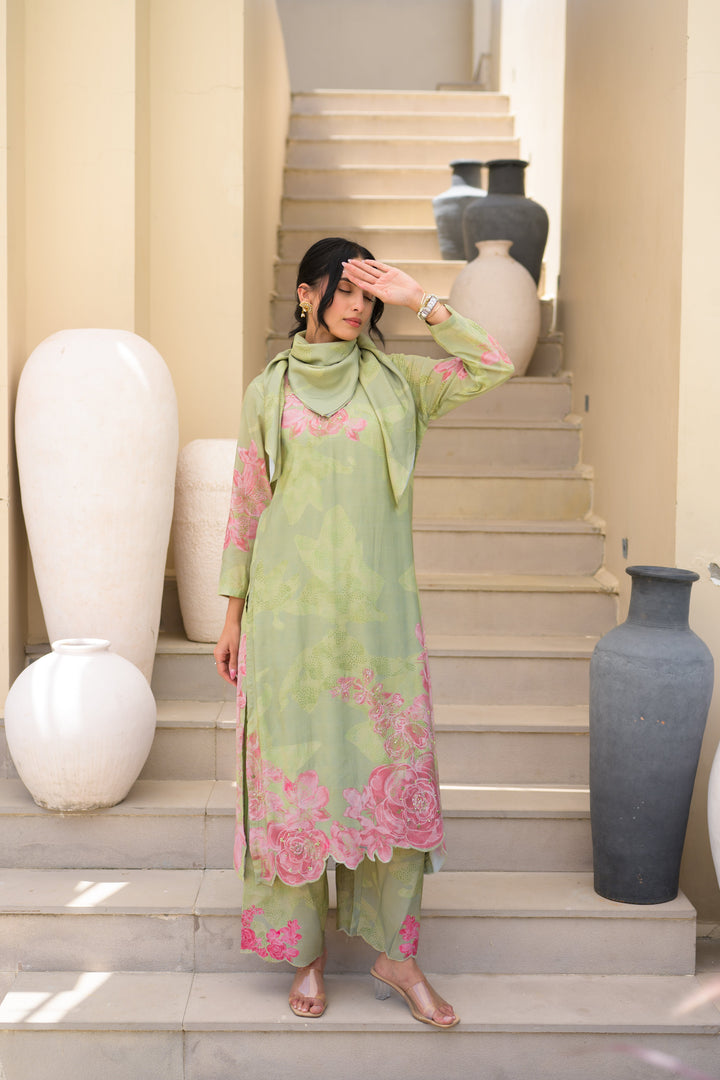 Sage Green Cut Work Scallope Muslin Kurta with Organza Border Embroidered Scallope Pant Set- SET OF-2 | SHOBITAM