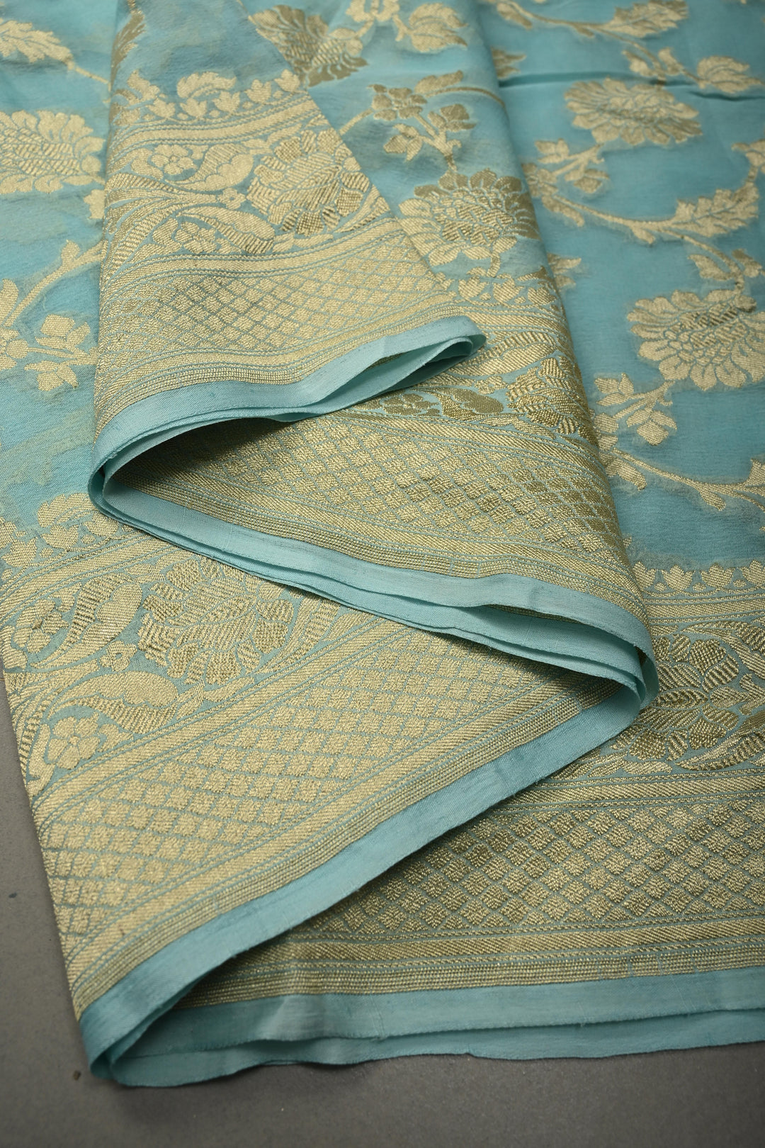 Aqua Blue Banarasi Georgette Silk Saree with Floral Zari Jaal and Zari Border | SILK MARK CERTIFIED | SHOBITAM