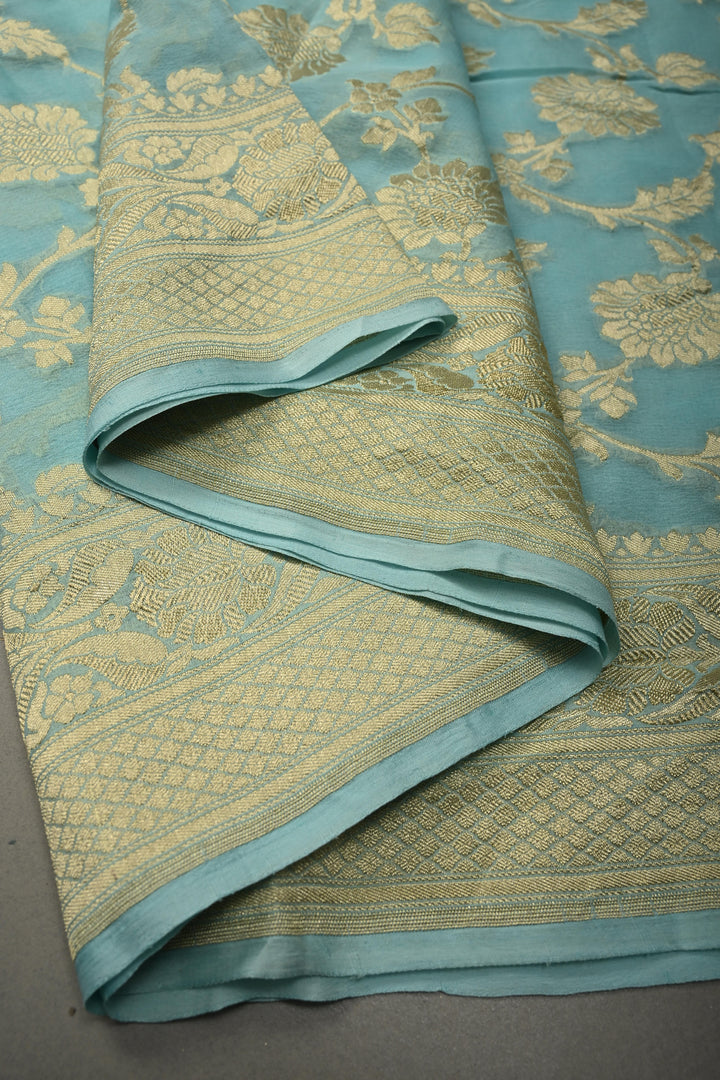 Aqua Blue Banarasi Georgette Silk Saree with Floral Zari Jaal and Zari Border | SILK MARK CERTIFIED | SHOBITAM