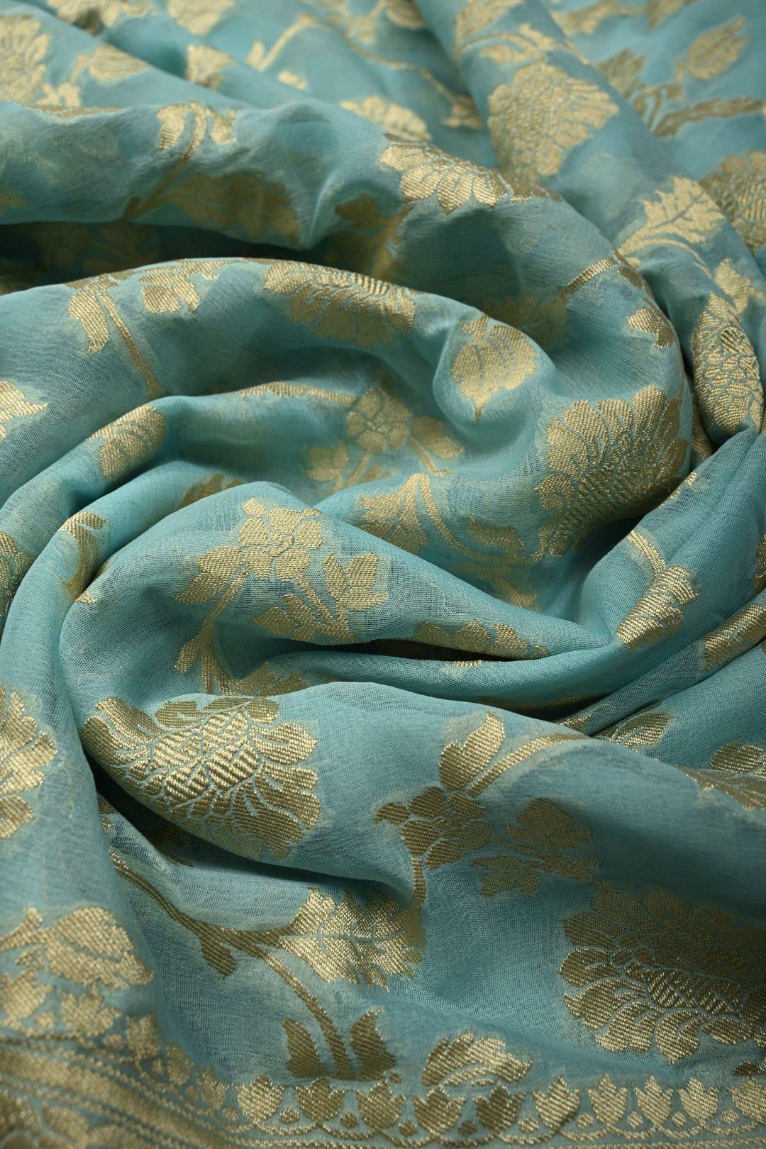 Aqua Blue Banarasi Georgette Silk Saree with Floral Zari Jaal and Zari Border | SILK MARK CERTIFIED | SHOBITAM