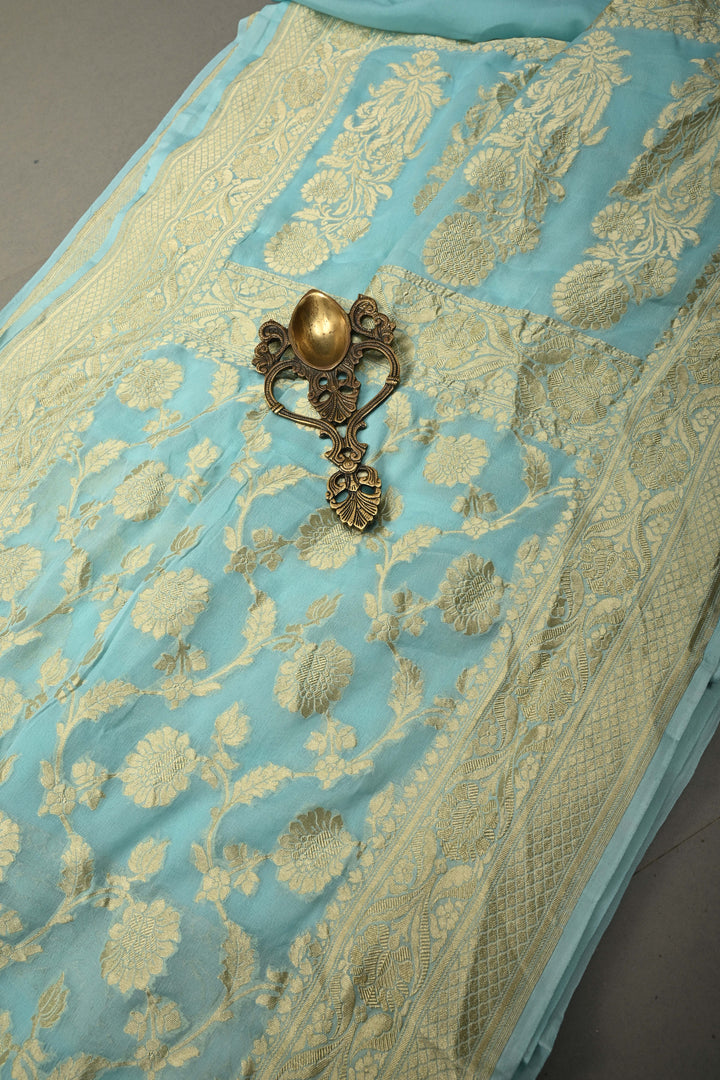 Aqua Blue Banarasi Georgette Silk Saree with Floral Zari Jaal and Zari Border | SILK MARK CERTIFIED | SHOBITAM