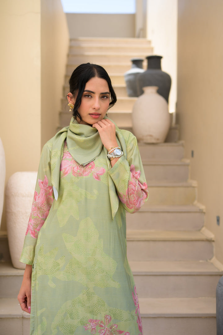 Sage Green Cut Work Scallope Muslin Kurta with Organza Border Embroidered Scallope Pant Set- SET OF-2 | SHOBITAM