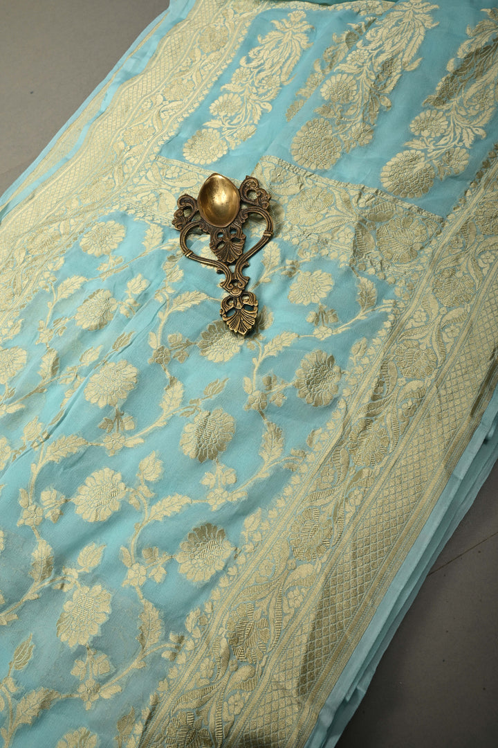 Aqua Blue Banarasi Georgette Silk Saree with Floral Zari Jaal and Zari Border | SILK MARK CERTIFIED | SHOBITAM