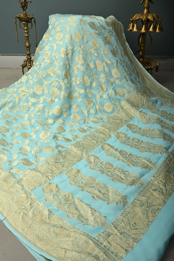 Aqua Blue Banarasi Georgette Silk Saree with Floral Zari Jaal and Zari Border | SILK MARK CERTIFIED | SHOBITAM