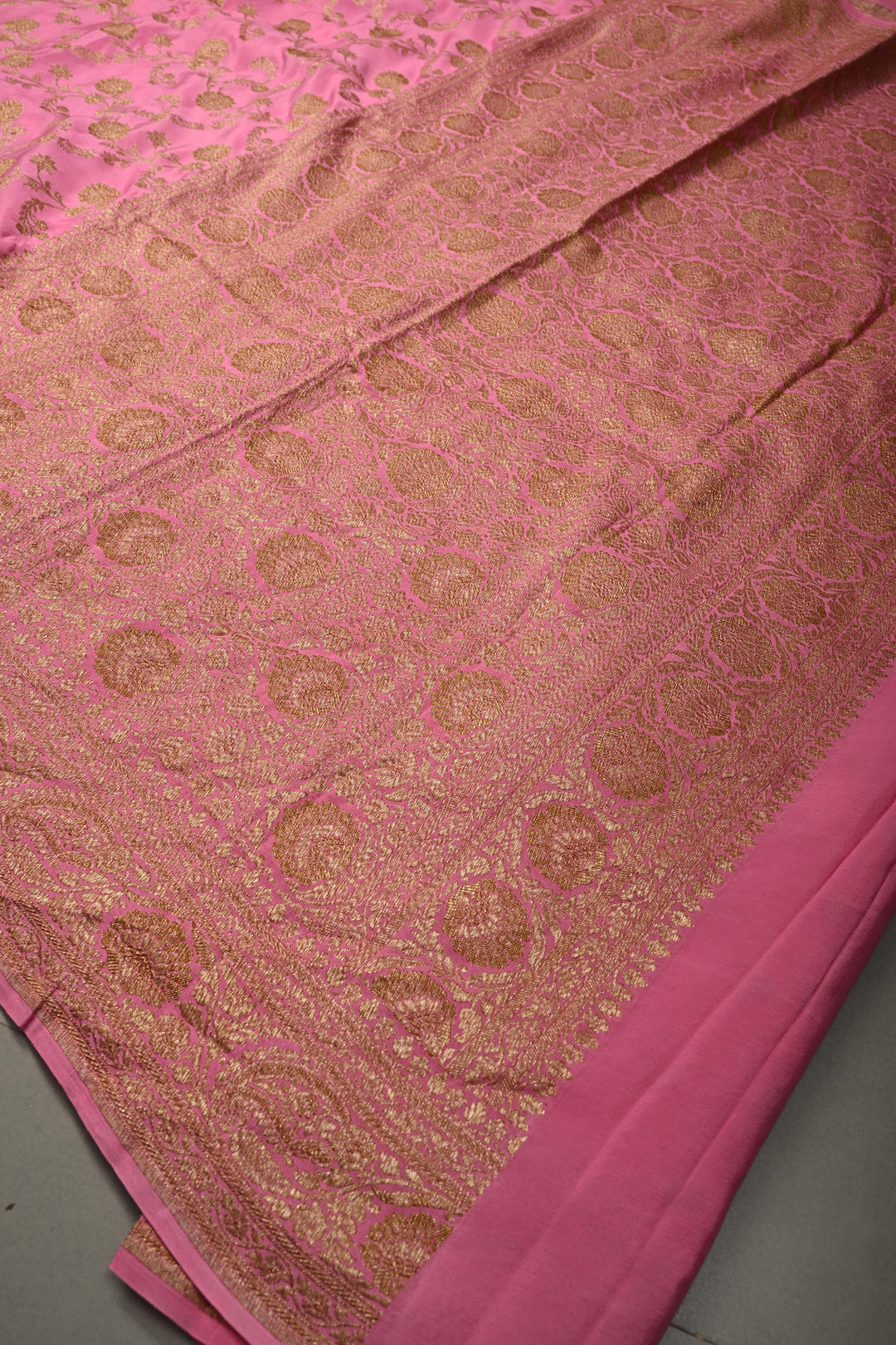 Rose Pink Banarasi Georgette Silk Saree with Antique Floral Jaal and Oxidized Zari Border | SILK MARK CERTIFIED | SHOBITAM