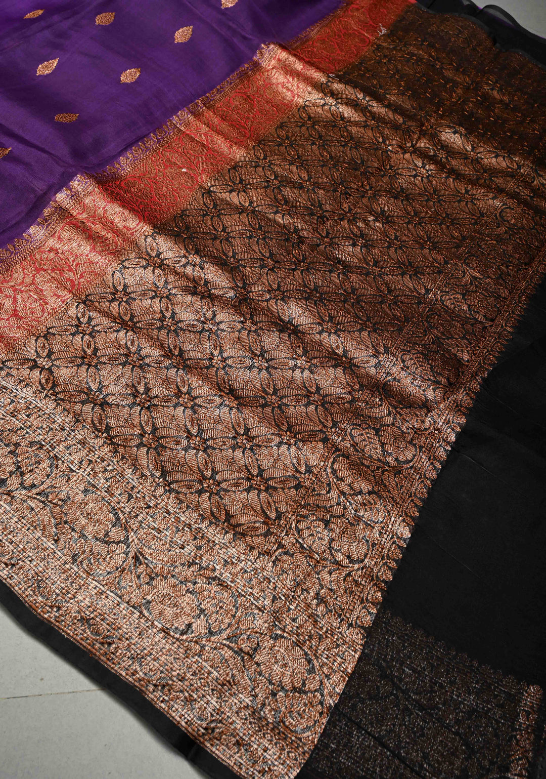 Royal Purple Pure Banarasi Kora Silk Saree with Floral Antique Zari Buttas and Zari Border | SILK MARK CERTIFIED | SHOBITAM