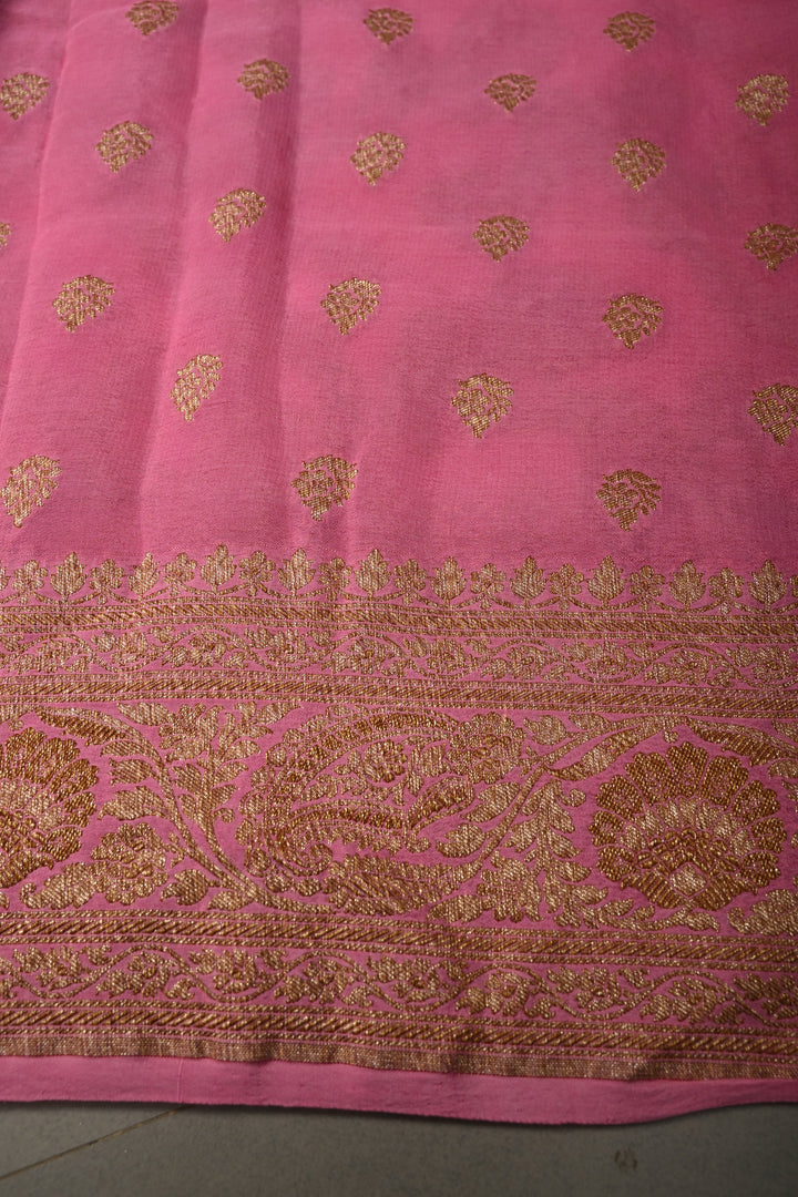 Rose Pink Banarasi Georgette Silk Saree with Antique Floral Jaal and Oxidized Zari Border | SILK MARK CERTIFIED | SHOBITAM