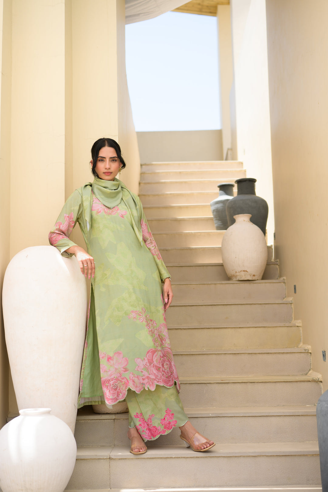 Sage Green Cut Work Scallope Muslin Kurta with Organza Border Embroidered Scallope Pant Set- SET OF-2 | SHOBITAM