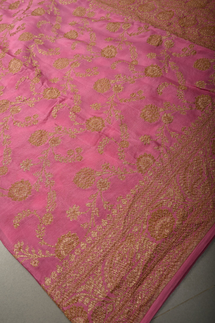 Rose Pink Banarasi Georgette Silk Saree with Antique Floral Jaal and Oxidized Zari Border | SILK MARK CERTIFIED | SHOBITAM
