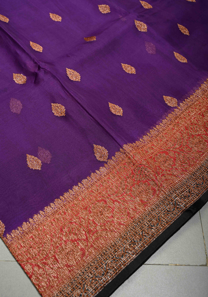 Royal Purple Pure Banarasi Kora Silk Saree with Floral Antique Zari Buttas and Zari Border | SILK MARK CERTIFIED | SHOBITAM