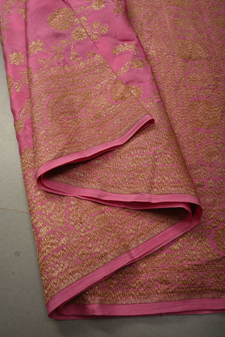 Rose Pink Banarasi Georgette Silk Saree with Antique Floral Jaal and Oxidized Zari Border | SILK MARK CERTIFIED | SHOBITAM