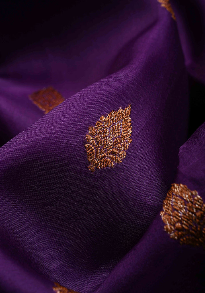 Royal Purple Pure Banarasi Kora Silk Saree with Floral Antique Zari Buttas and Zari Border | SILK MARK CERTIFIED | SHOBITAM