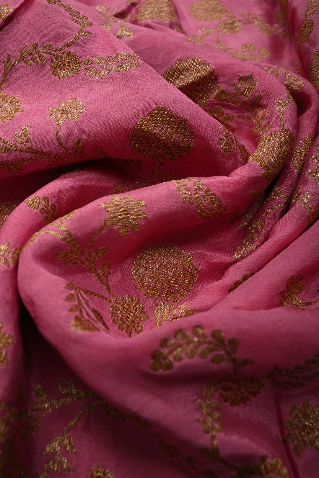 Rose Pink Banarasi Georgette Silk Saree with Antique Floral Jaal and Oxidized Zari Border | SILK MARK CERTIFIED | SHOBITAM