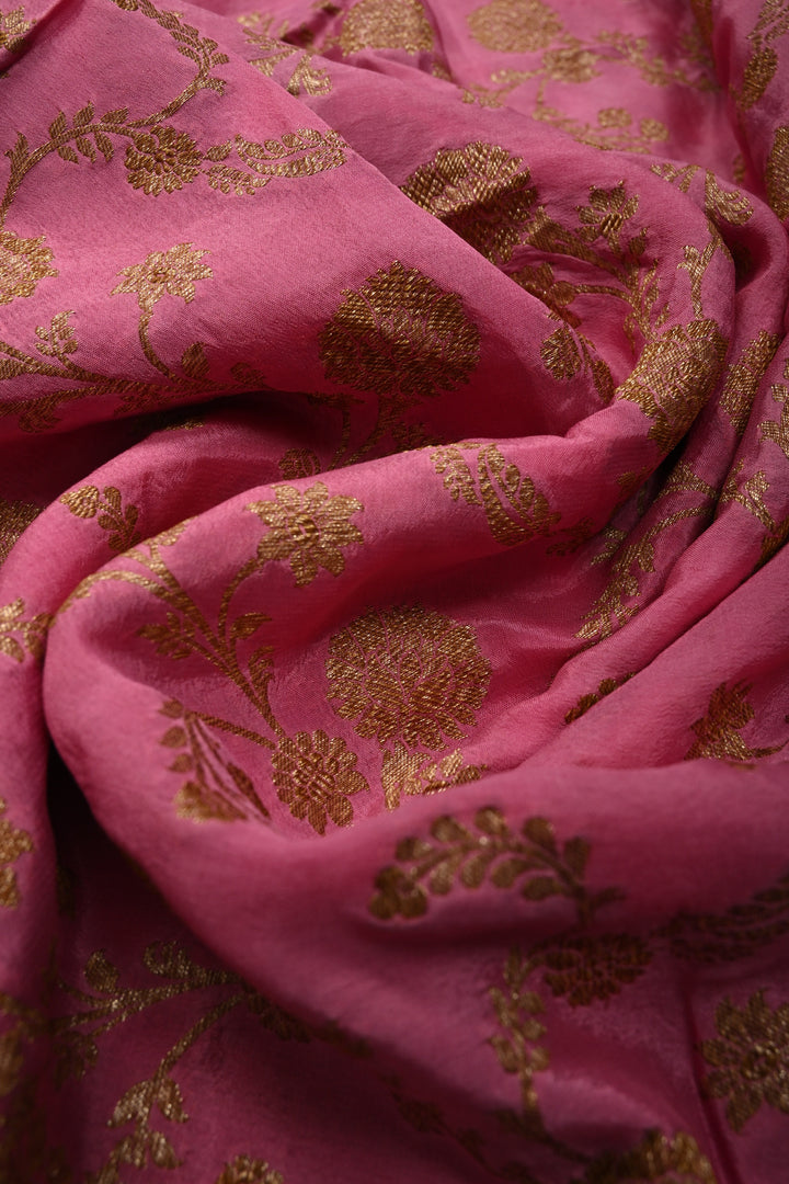 Rose Pink Banarasi Georgette Silk Saree with Antique Floral Jaal and Oxidized Zari Border | SILK MARK CERTIFIED | SHOBITAM