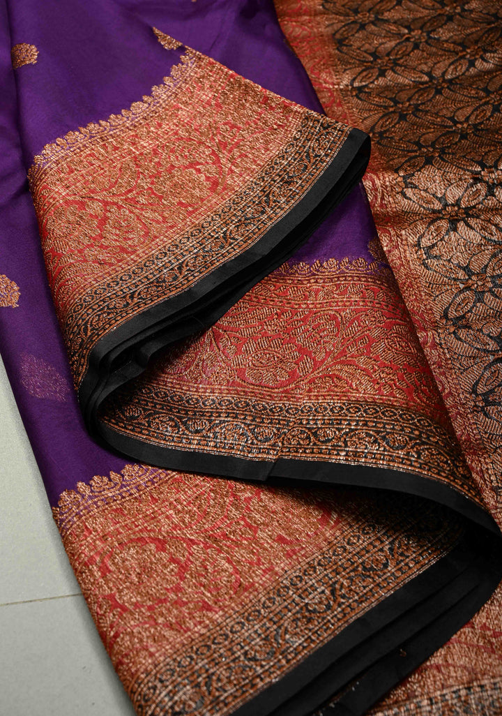 Royal Purple Pure Banarasi Kora Silk Saree with Floral Antique Zari Buttas and Zari Border | SILK MARK CERTIFIED | SHOBITAM