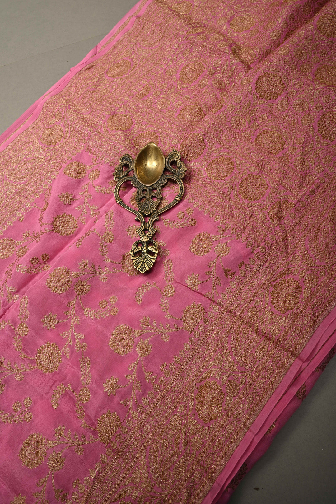 Rose Pink Banarasi Georgette Silk Saree with Antique Floral Jaal and Oxidized Zari Border | SILK MARK CERTIFIED | SHOBITAM