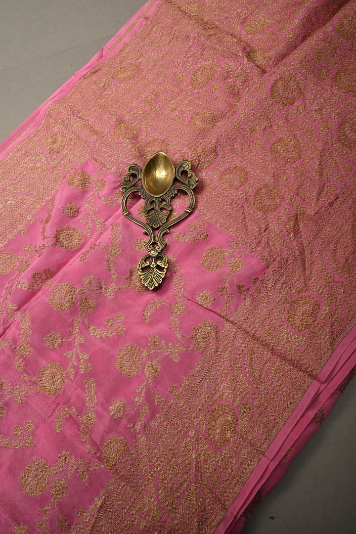 Rose Pink Banarasi Georgette Silk Saree with Antique Floral Jaal and Oxidized Zari Border | SILK MARK CERTIFIED | SHOBITAM