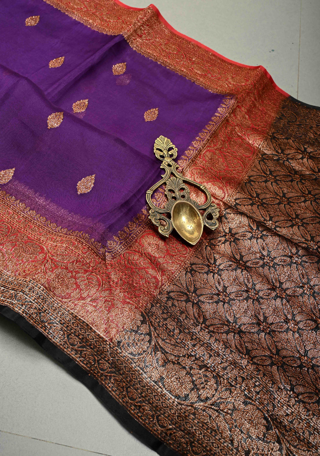 Royal Purple Pure Banarasi Kora Silk Saree with Floral Antique Zari Buttas and Zari Border | SILK MARK CERTIFIED | SHOBITAM