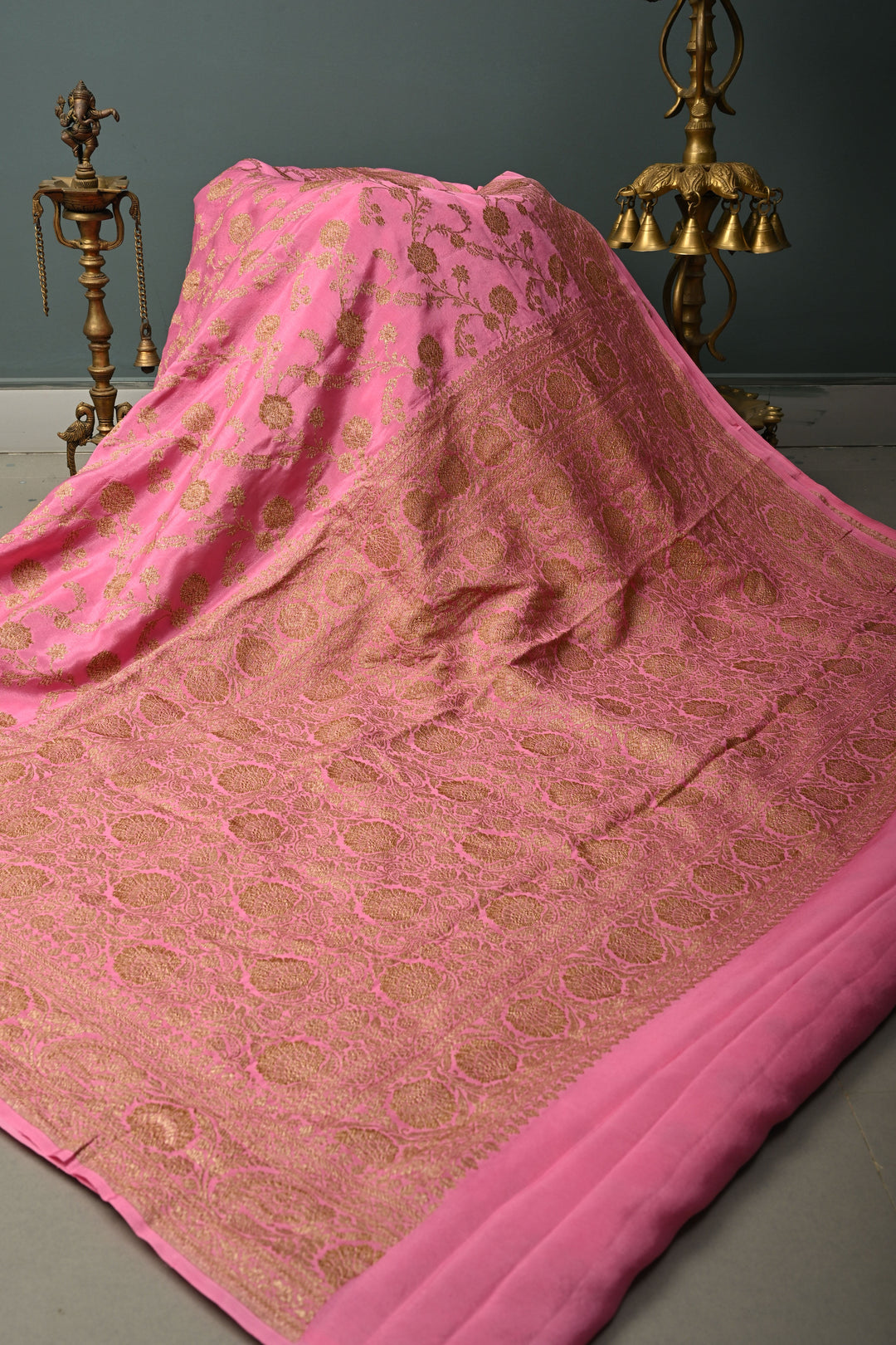 Rose Pink Banarasi Georgette Silk Saree with Antique Floral Jaal and Oxidized Zari Border | SILK MARK CERTIFIED | SHOBITAM