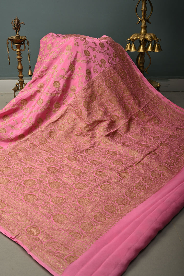 Rose Pink Banarasi Georgette Silk Saree with Antique Floral Jaal and Oxidized Zari Border | SILK MARK CERTIFIED | SHOBITAM