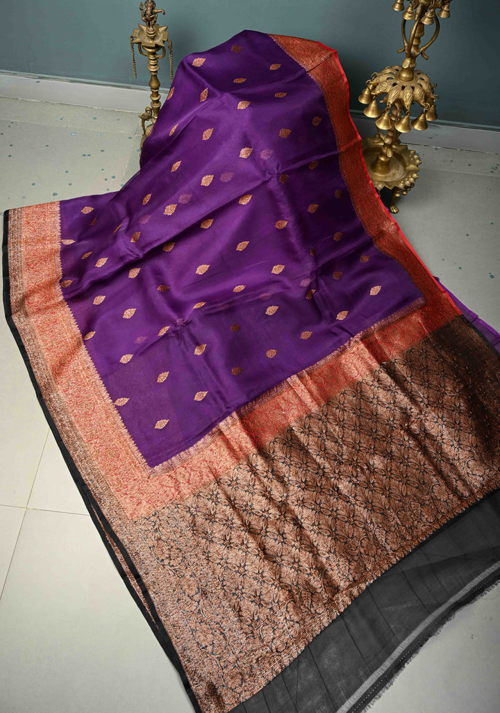 Royal Purple Pure Banarasi Kora Silk Saree with Floral Antique Zari Buttas and Zari Border | SILK MARK CERTIFIED | SHOBITAM