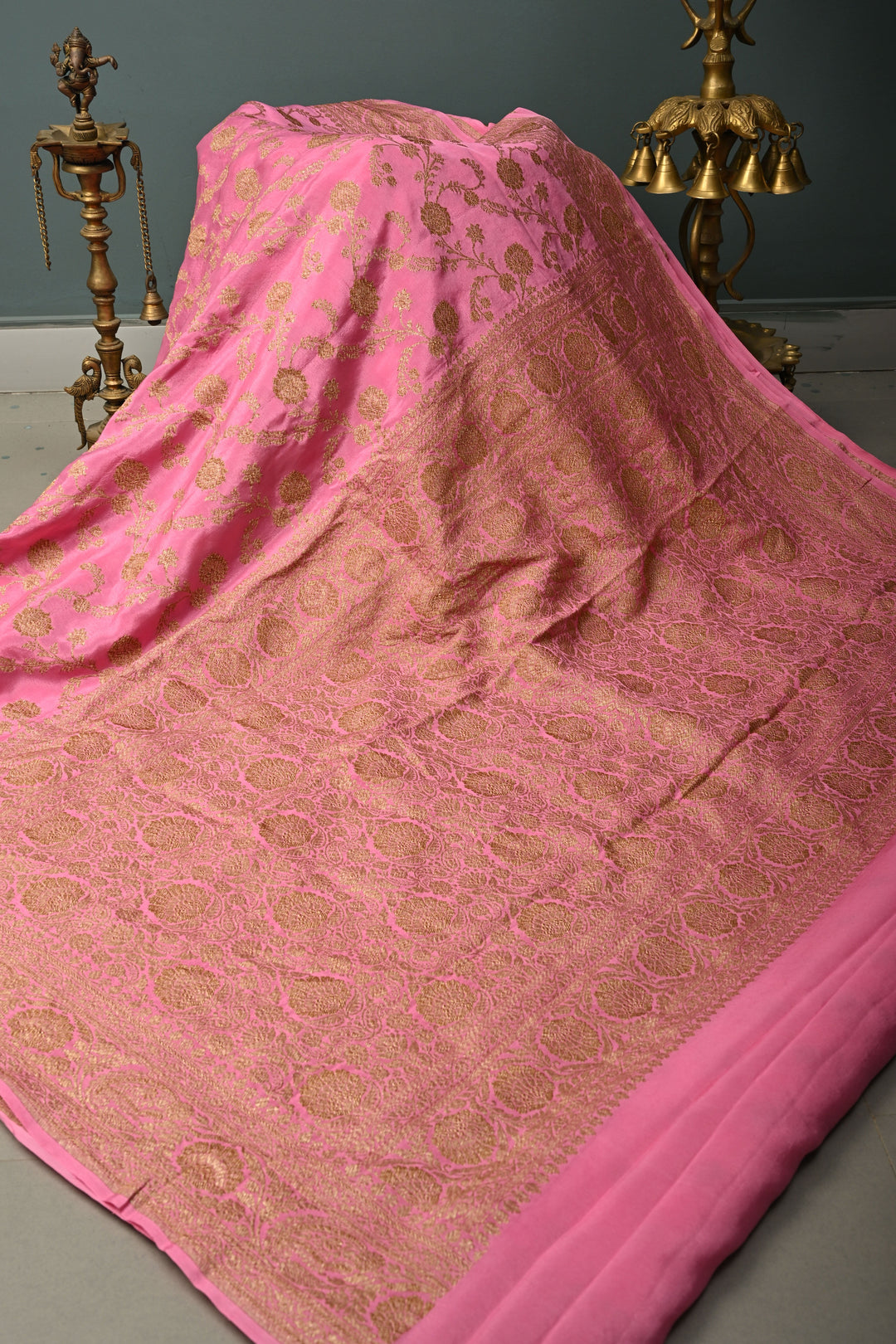 Rose Pink Banarasi Georgette Silk Saree with Antique Floral Jaal and Oxidized Zari Border | SILK MARK CERTIFIED | SHOBITAM