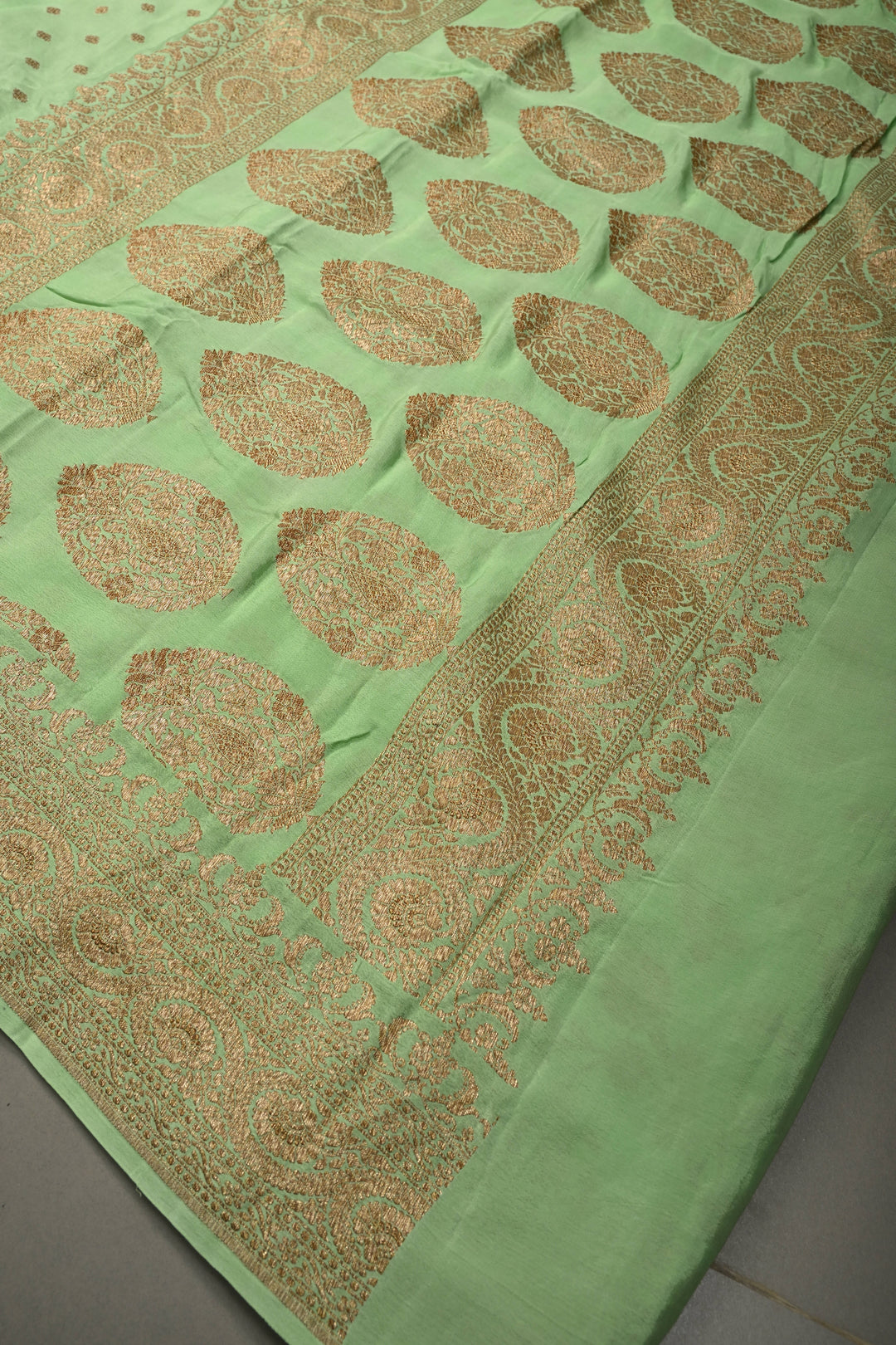 Light Green Banarasi Georgette Silk Saree with Antique Zari Buttas Brocade and Zari Border | SILK MARK CERTIFIED | SHOBITAM