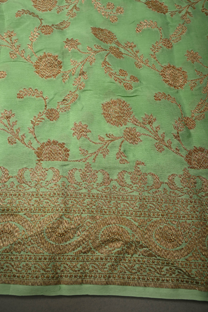 Light Green Banarasi Georgette Silk Saree with Antique Zari Buttas Brocade and Zari Border | SILK MARK CERTIFIED | SHOBITAM