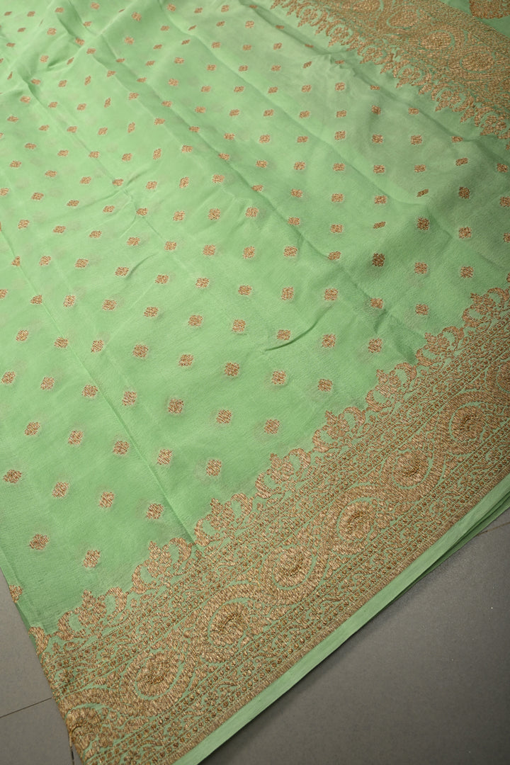 Light Green Banarasi Georgette Silk Saree with Antique Zari Buttas Brocade and Zari Border | SILK MARK CERTIFIED | SHOBITAM