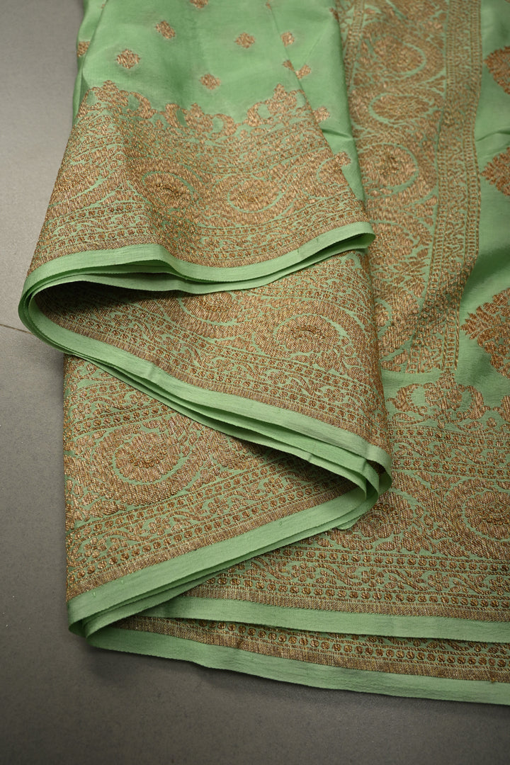 Light Green Banarasi Georgette Silk Saree with Antique Zari Buttas Brocade and Zari Border | SILK MARK CERTIFIED | SHOBITAM