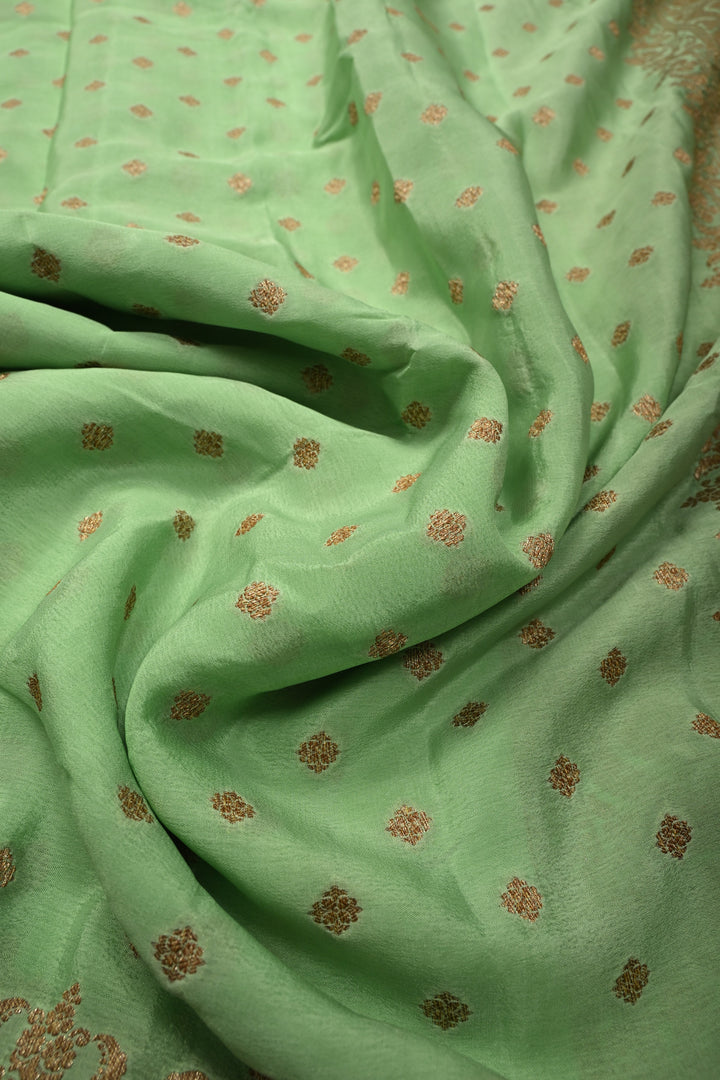 Light Green Banarasi Georgette Silk Saree with Antique Zari Buttas Brocade and Zari Border | SILK MARK CERTIFIED | SHOBITAM