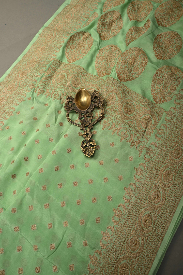 Light Green Banarasi Georgette Silk Saree with Antique Zari Buttas Brocade and Zari Border | SILK MARK CERTIFIED | SHOBITAM