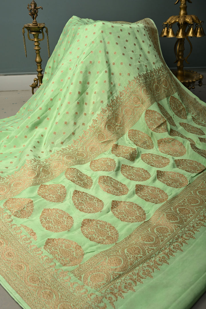 Light Green Banarasi Georgette Silk Saree with Antique Zari Buttas Brocade and Zari Border | SILK MARK CERTIFIED | SHOBITAM