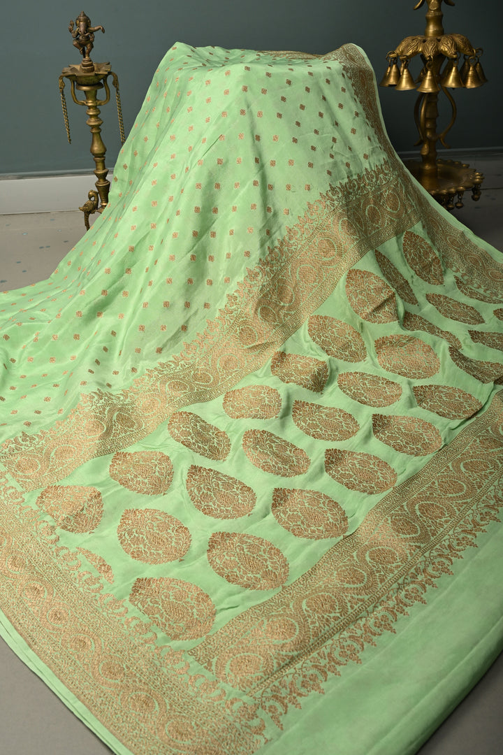 Light Green Banarasi Georgette Silk Saree with Antique Zari Buttas Brocade and Zari Border | SILK MARK CERTIFIED | SHOBITAM