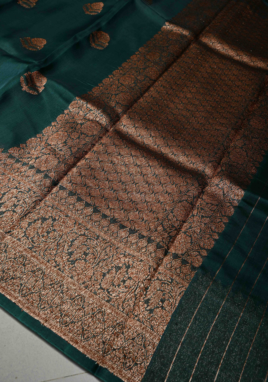 Hunter Green Pure Banarasi Kora Silk Saree with Floral Antique Oxidised Zari Buttas and Zari Border | SILK MARK CERTIFIED | SHOBITAM
