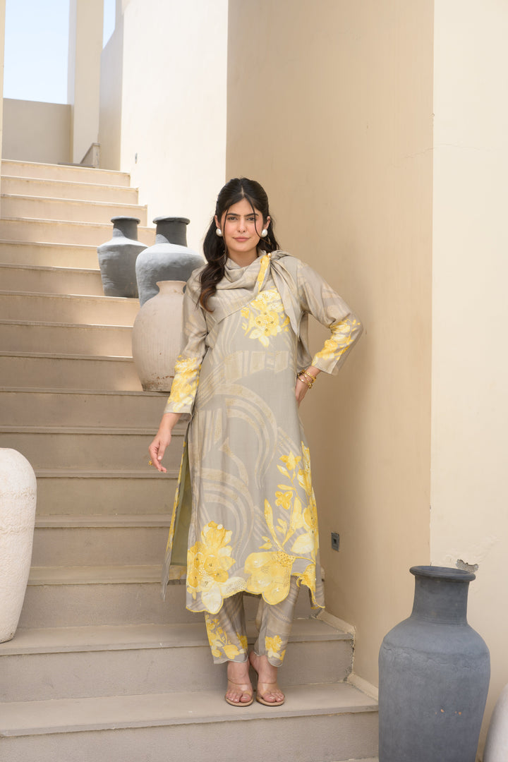 Grey and Yellow Cut Work Scallope Muslin Kurta with Yellow Organza Border Embroidered Scallope Pant Set- SET OF-2 | SHOBITAM