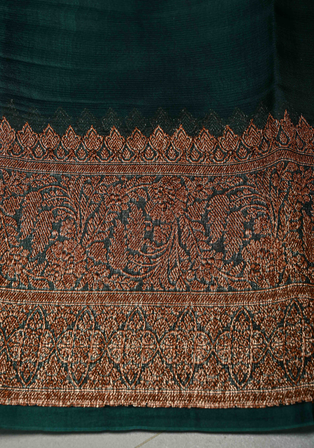 Hunter Green Pure Banarasi Kora Silk Saree with Floral Antique Oxidised Zari Buttas and Zari Border | SILK MARK CERTIFIED | SHOBITAM