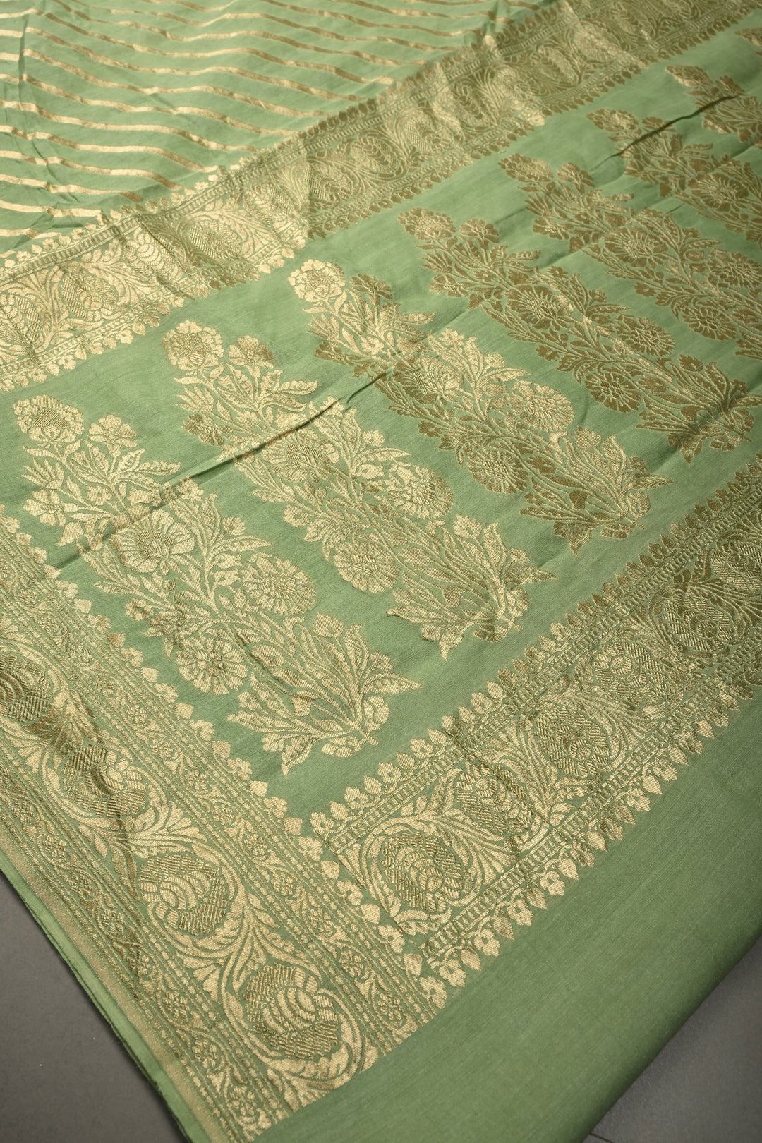 Pale Green Banarasi Georgette Silk Saree with Diagonal Stripes and Zari Border | SILK MARK CERTIFIED | SHOBITAM
