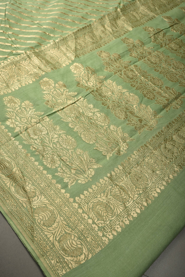 Pale Green Banarasi Georgette Silk Saree with Diagonal Stripes and Zari Border | SILK MARK CERTIFIED | SHOBITAM