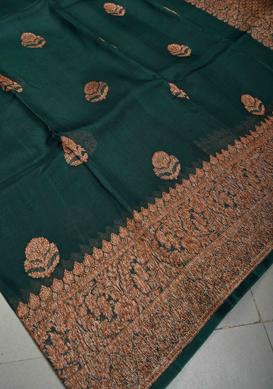 Hunter Green Pure Banarasi Kora Silk Saree with Floral Antique Oxidised Zari Buttas and Zari Border | SILK MARK CERTIFIED | SHOBITAM