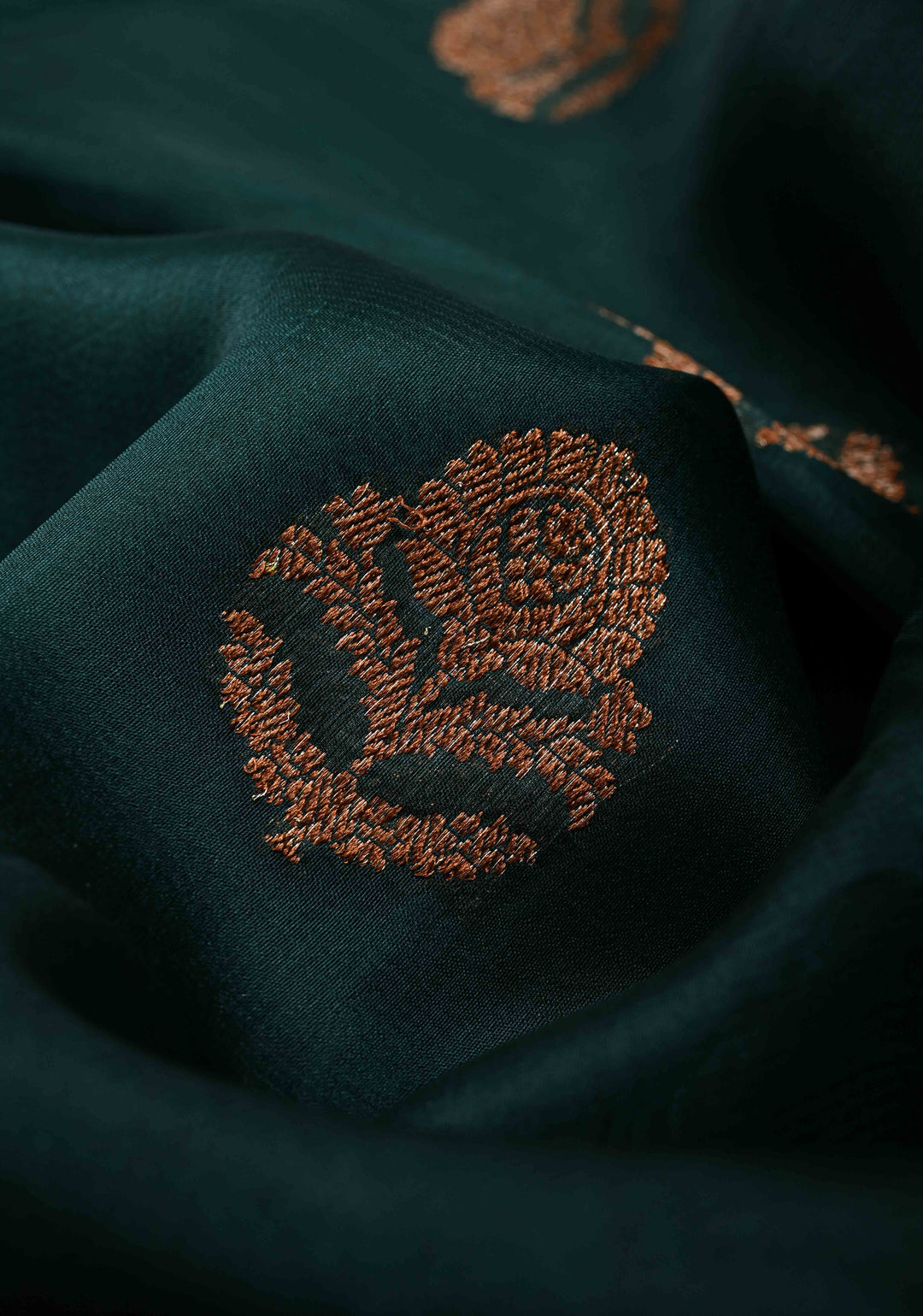 Hunter Green Pure Banarasi Kora Silk Saree with Floral Antique Oxidised Zari Buttas and Zari Border | SILK MARK CERTIFIED | SHOBITAM