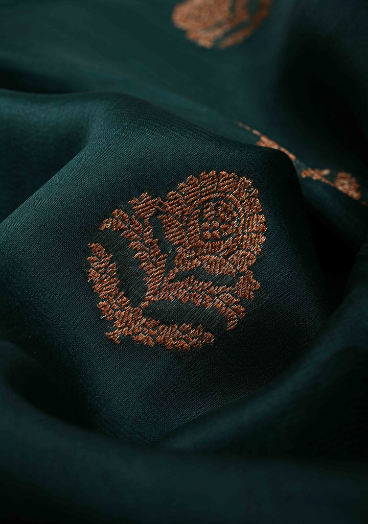 Hunter Green Pure Banarasi Kora Silk Saree with Floral Antique Oxidised Zari Buttas and Zari Border | SILK MARK CERTIFIED | SHOBITAM