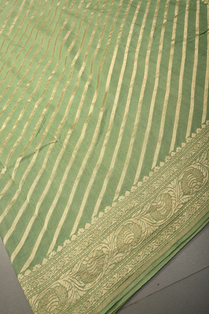 Pale Green Banarasi Georgette Silk Saree with Diagonal Stripes and Zari Border | SILK MARK CERTIFIED | SHOBITAM