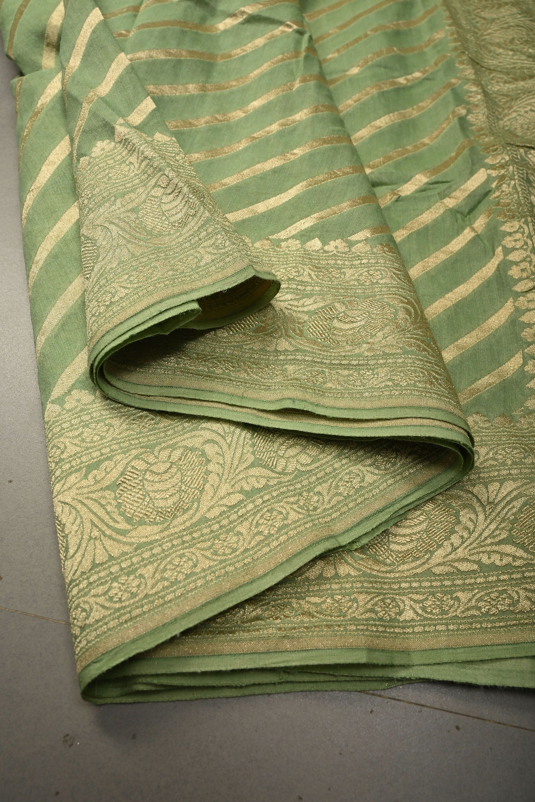 Pale Green Banarasi Georgette Silk Saree with Diagonal Stripes and Zari Border | SILK MARK CERTIFIED | SHOBITAM