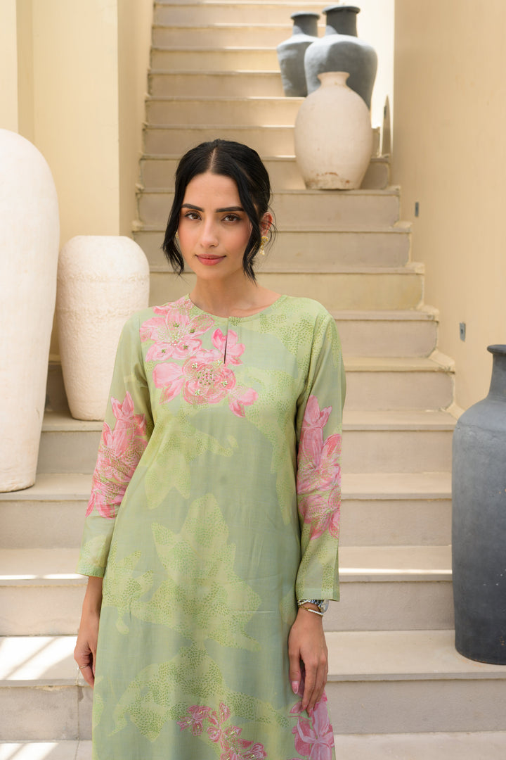 Sage Green Cut Work Scallope Muslin Kurta with Organza Border Embroidered Scallope Pant Set- SET OF-2 | SHOBITAM