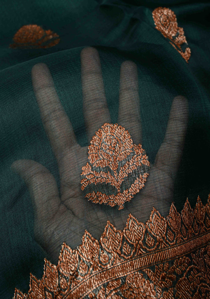 Hunter Green Pure Banarasi Kora Silk Saree with Floral Antique Oxidised Zari Buttas and Zari Border | SILK MARK CERTIFIED | SHOBITAM