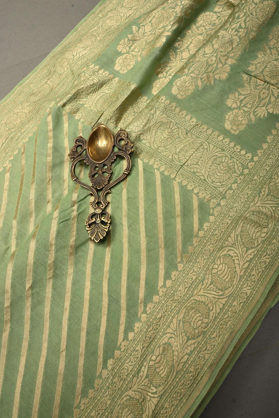 Pale Green Banarasi Georgette Silk Saree with Diagonal Stripes and Zari Border | SILK MARK CERTIFIED | SHOBITAM