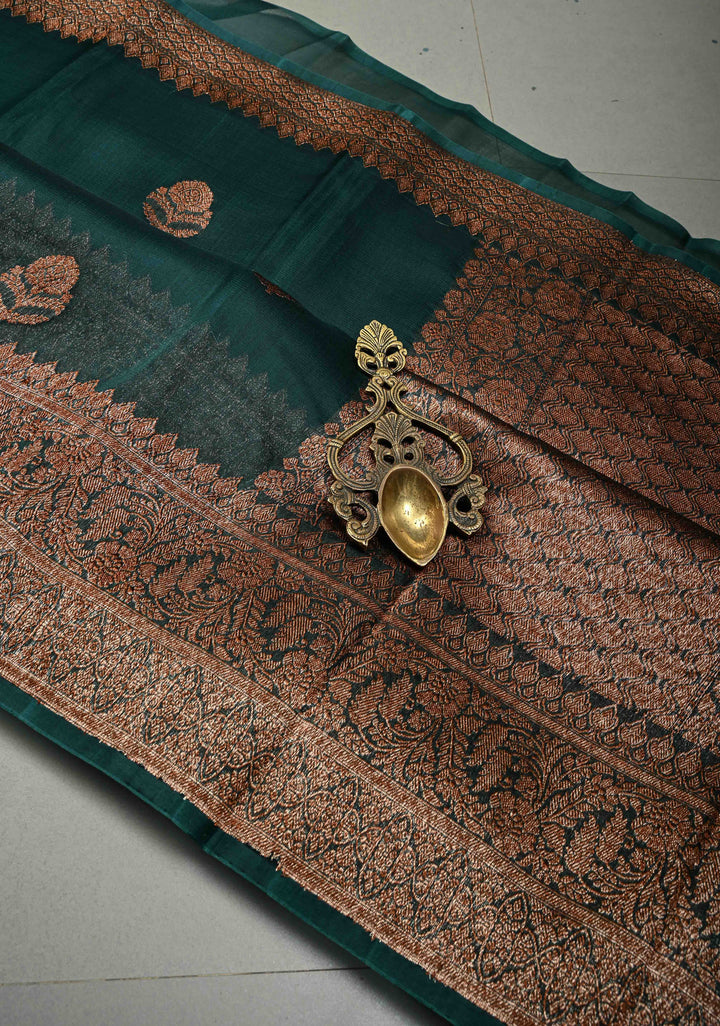 Hunter Green Pure Banarasi Kora Silk Saree with Floral Antique Oxidised Zari Buttas and Zari Border | SILK MARK CERTIFIED | SHOBITAM