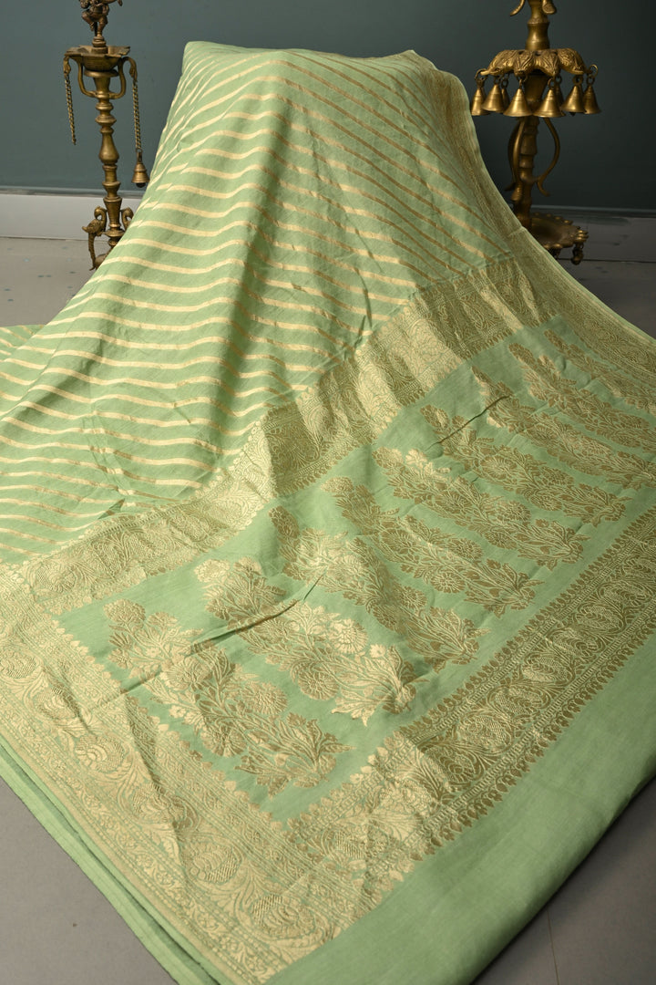 Pale Green Banarasi Georgette Silk Saree with Diagonal Stripes and Zari Border | SILK MARK CERTIFIED | SHOBITAM