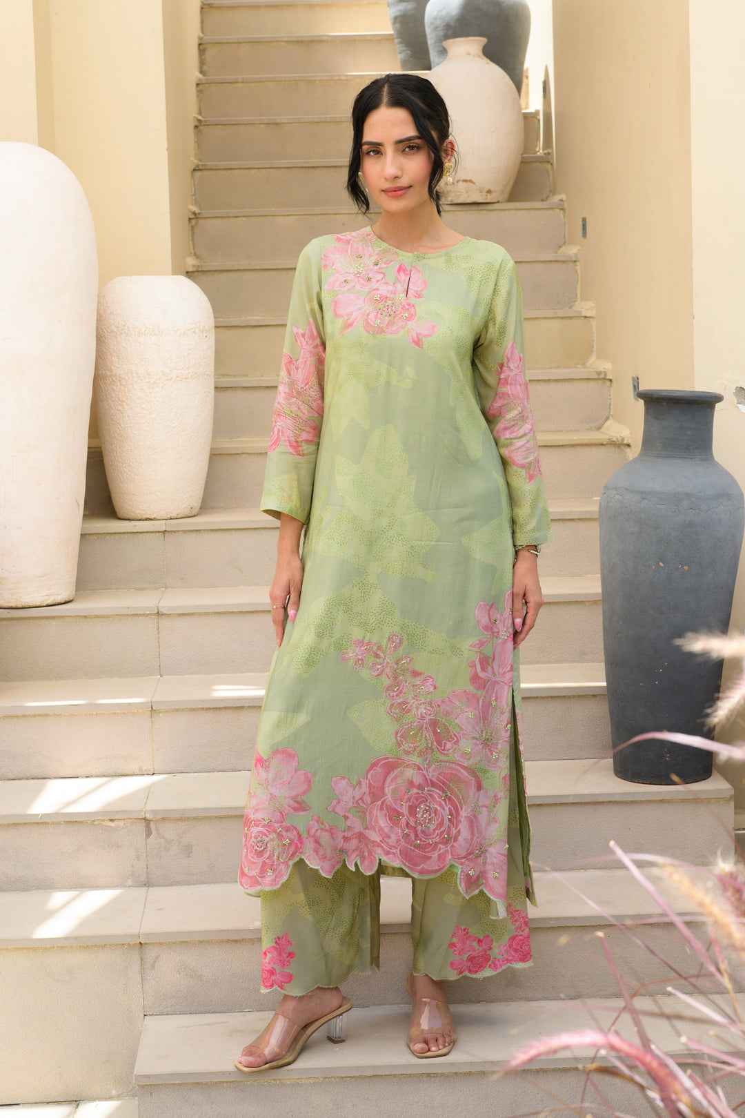 Sage Green Cut Work Scallope Muslin Kurta with Organza Border Embroidered Scallope Pant Set- SET OF-2 | SHOBITAM